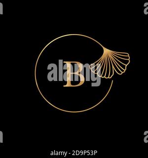 Ginkgo Biloba Leaf gold frame with copy space. Badge and icon in trendy linear style. Vector Logo Emblem with letter B and gingko. Stock Vector