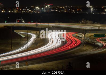 Light Trails on Deerfoot Trail in Calgary, Alberta, Canada Stock Photo