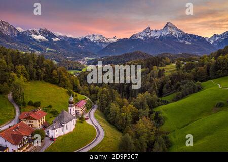 Maria Gern chapel near Berchtesgaden with Watzmann mountain in autumn, Bavaria, Germany Stock Photo