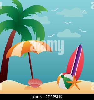 hello summer season with umbrella and surfboard in beach scene vector illustration design Stock Vector