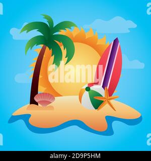 hello summer season with sun and icons in beach scene vector illustration design Stock Vector