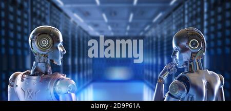 Automation server with 3d rendering robot working in server room Stock Photo