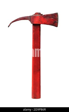 Old red axe with wooden handle, firefighter tool, isolated on white background Stock Photo