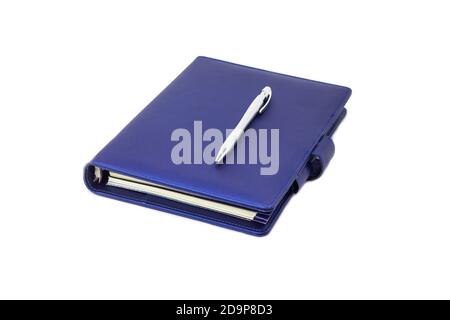 Blue collar diary and pen placed on cover and white background. Stock Photo