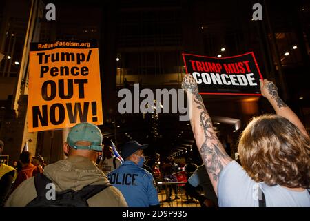 Philadelphia, Pennsylvania, USA. 6th Nov, 2020. The 'Count every vote'' and 'Stop the steal'' demonstration outside the Pennsylvania Convention Center in Philadelphia, Friday evening as mail-in ballots were being counted inside of the center Credit: Syed Yaqeen/ZUMA Wire/Alamy Live News Stock Photo