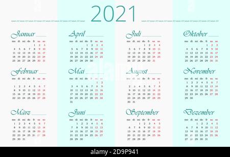 2021 German monthly Calendar template. 12 months. Horizontal Simple and clean design. Vector 10 EPS Stock Vector