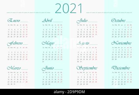 Spanish 2021 Calendar template. 12 months. Horizontal Stock Vector