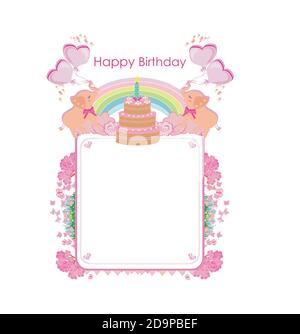 pink birthday card with cute elephants Stock Vector