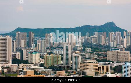 Downtown Honolulu with Diamond Head Crater in the background, Oahu, Hawaii Stock Photo