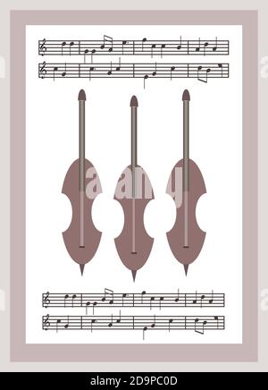 Musical poster design. stave, musical notes and 3 cellos on the white backdrop. Stock Photo