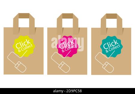 Click and Collect internet and online shopping concept with eco friendly recyclable carrier bags on a white background. Stock Vector