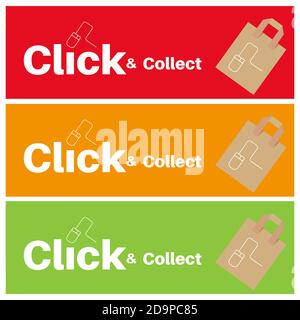 Click and Collect internet and online shopping concept with eco friendly recyclable carrier bags on a white background. Stock Vector