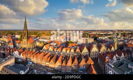 Panorama of the old town of Münster, Germany with Prinzipalmarkt and St. Lambert church Stock Photo