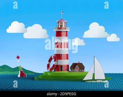 Stylized sea illustration with lighthouse, lifebuoy, buoy, sailing ship, clouds and hills Stock Photo