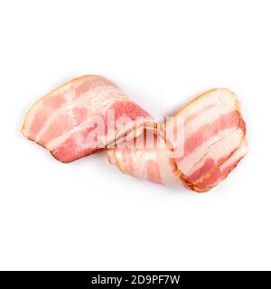 Rasher or smoked sliced bacon ready for cooking. Two pieces of pork belly isolated on a white background, closeup. Stock Photo