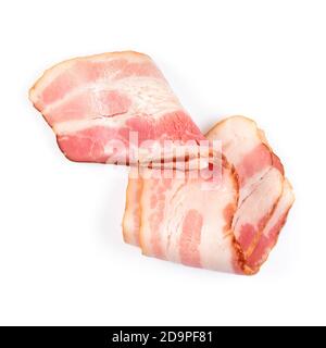 Rasher or smoked sliced bacon ready for cooking. Two pieces of pork belly isolated on a white background, closeup. Stock Photo