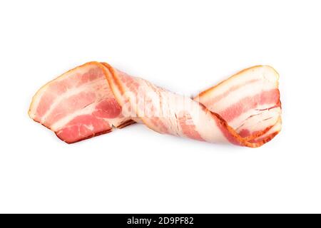 Rasher or smoked sliced bacon ready for cooking. Two pieces of pork belly, isolated on a white background, closeup. Stock Photo