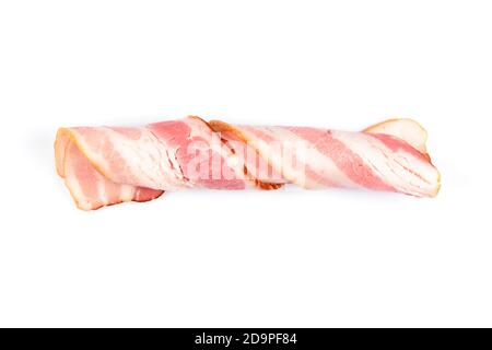 Rasher or smoked sliced bacon ready for cooking. Two pieces of pork belly rolled into a roll, isolated on a white background, closeup. Stock Photo