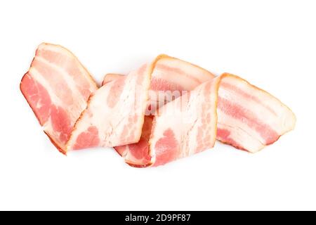 Rasher or smoked sliced bacon ready for cooking. Two pieces of pork belly isolated on a white background, closeup. Stock Photo