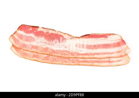 Rasher or smoked sliced bacon ready for cooking. Two pieces of pork belly, isolated on a white background, closeup. Stock Photo