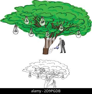 businessman watering bulb tree vector illustration sketch doodle hand drawn with black lines isolated on white background Stock Vector