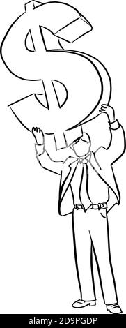businessman holding big dollar sign over his head vector illustration sketch doodle hand drawn with black lines isolated on white background Stock Vector