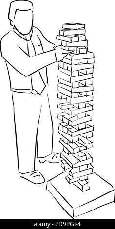 Businessman playing big wood block tower game vector illustration sketch doodle hand drawn with black lines isolated on white background Stock Vector