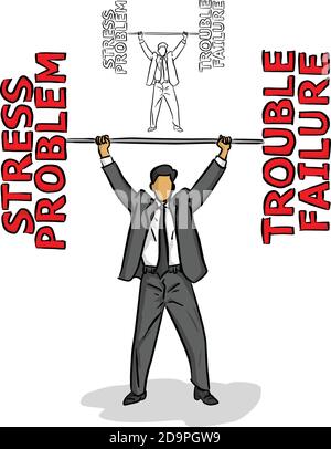 businessman lifting a barbell of the red negative words vector illustration sketch doodle hand drawn with black lines isolated on white background. Bu Stock Vector