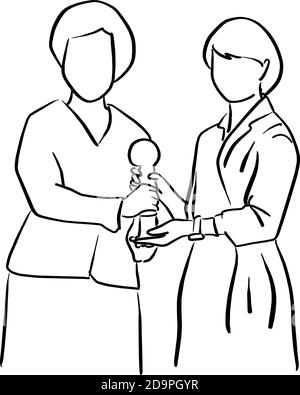 two businesswomen holding trophy together vector illustration sketch doodle hand drawn with black lines isolated on white background. teamwork busines Stock Vector