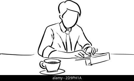 businessman working with tablet on his desk vector illustration sketch doodle hand drawn with black lines isolated on white background Stock Vector