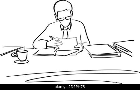 businessman with glasses working on his desk vector illustration sketch doodle hand drawn with black lines isolated on white background Stock Vector