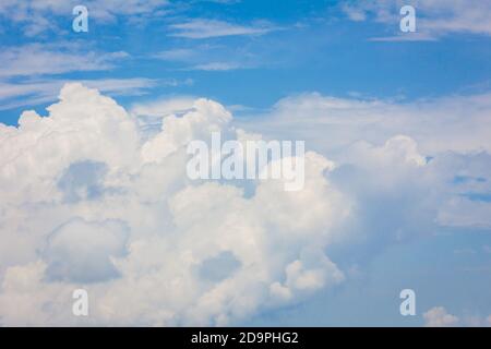 The blue sky with a lot of white clouds of different sizes, forming a ...