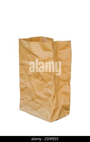 rumpled brown paper bag opened, Isolated on a White Background. Stock Photo