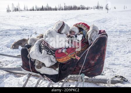 Two Nenets kids on a sleigh in a white snow tundra landscape, Yamalo-Nenets Autonomous Okrug, Russia Stock Photo