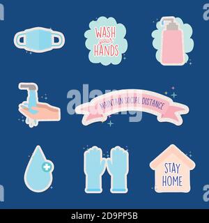 icon set of covid19 pandemic stickers Stock Vector