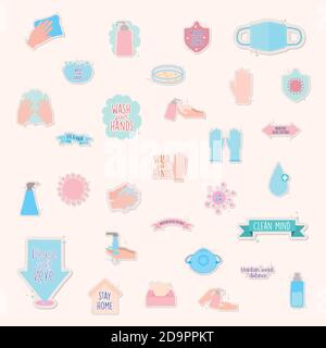 icon set of covid19 pandemic stickers with background pink Stock Vector