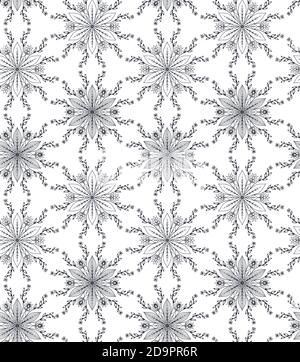 Seamless monochrome kaleidoscopic floral pattern, black and white repeated flower elements, graphic design for wallpapers, fabrics and etc. Vector illustration. Vector illustration. Isolated lower snowflakes Stock Vector