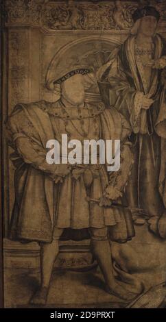 King Henry VIII (1491-1547) and his father King Henry VII (1457-1509). Preparatory drawing of the wall-painting for Whitehall Palace by the painter Hans Holbein the Younger (1497/1498-1543). This painting was destroyed in the Whitehall Palace fire of 1698, surviving only the preparatory drawing. Ink and watercolour on paper, c. 1536-1537.  National Portrait Gallery. London, England, United Kingdom. Stock Photo