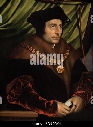 Sir Thomas More (1478-1535). English humanist and social philosopher. Chancellor of England (1529-1532). He opposed the King's divorce from Katherine of Aragon, refusing to take the Oath of Supremacy, which acknowledged Henry as head of the Church of England. He was executed for treason on Tower Hill, London, on July 6, 1535. Portrait by an unknown artist after Hans Holbein the Younger. Oil on panel, early 17th century (after a portrait of 1527). National Portrait Gallery. London, England, United Kingdom. Stock Photo