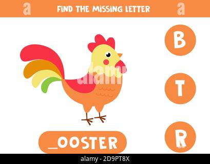 Find the missing letter. Cute cartoon rooster. Stock Vector