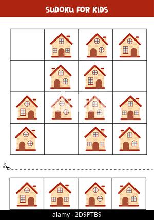Sudoku game with cartoon houses. Logical worksheet for children. Stock Vector