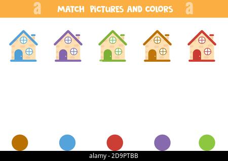 Color matching game with cartoon houses. Worksheet for kids. Stock Vector