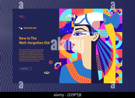 Landing page, woman's portrait, technology concept in style of Ancient Egypt, Webdesign, magazine layout, template, Space for text. Stock Vector
