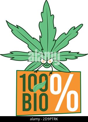 marijuana character with signboard  100% organic bio Stock Vector