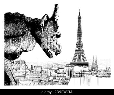 Aerial panoramic view of Paris with gargoyle sculpture on Notre-Dame cathedral in France - vector illustration Stock Vector