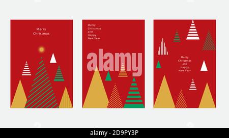 Concept of Merry Christmas and Happy New Year posters set. Design templates on red background with different christmas trees for celebration and Stock Vector