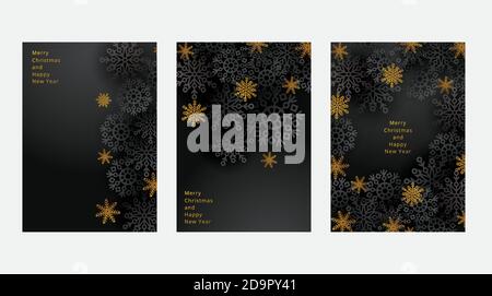 Concept of Merry Christmas and Happy New Year posters set. Design templates on dark background with black and gold snowflakes for celebration and Stock Vector