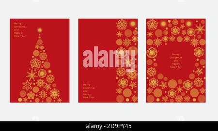 Concept of Merry Christmas and Happy New Year posters set. Design templates on red background with gold snowflakes for celebration and season Stock Vector