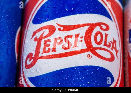 Tyumen, Russia-November 01, 2020: Pepsi cola logo close up, a carbonated soft drink produced and manufactured by PepsiCo. Stock Photo