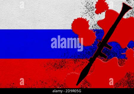 Russia flag and black RPG-7 rocket-propelled grenade launcher in red blood. Concept for terror attack or military operations with lethal outcome. Dang Stock Photo